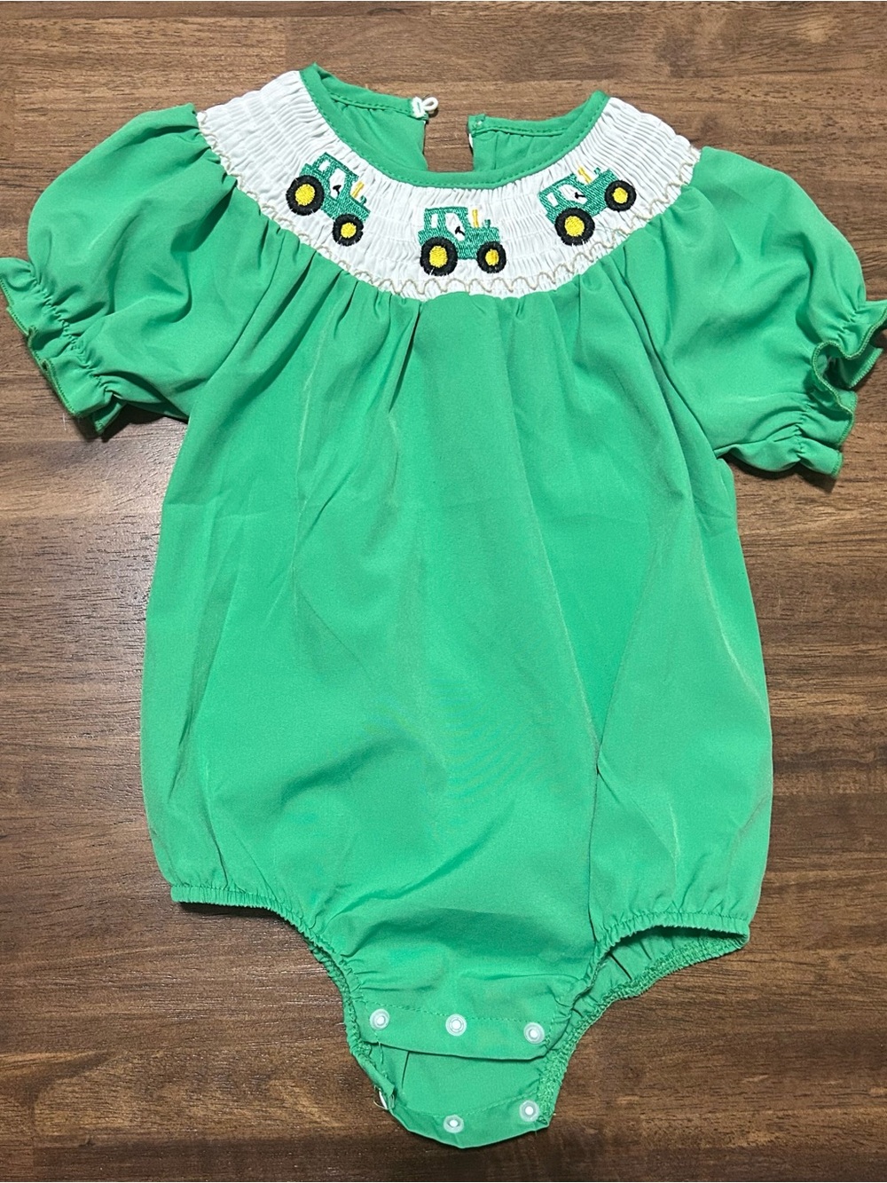 Smocked Tractor Bubble Romper - Bright Green